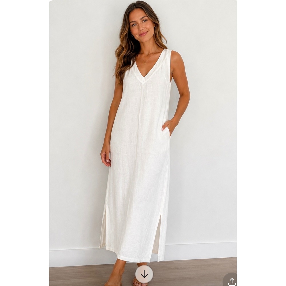 DKNY Womens White Linen Blend V-Neck Sleeveless Maxi Shift Dress Side Slits L